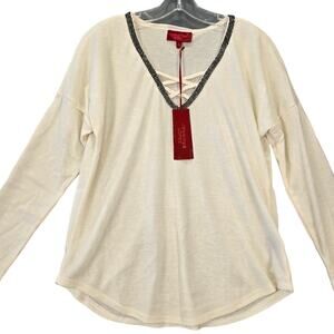 Jennifer Lopez Cream Shirt NEW $44 Stretch Long Sleeves Strappy V-Neck Women's M